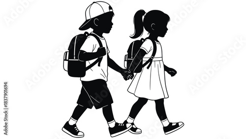 Children walking to school silhouette vector illustration