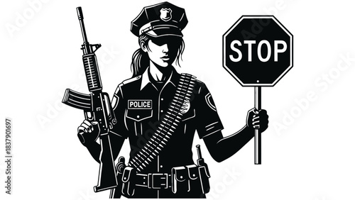 Female police officer illustration with stop sign and rifle