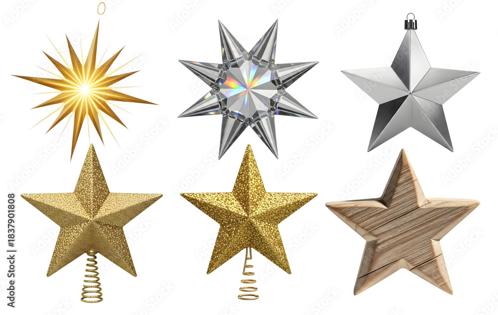 Obraz premium A beautiful collection of diverse star shaped Christmas ornaments and festive decorations on a dark background perfect for holiday designs