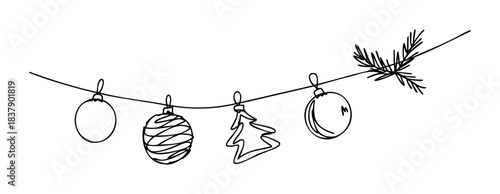 Hand drawn line art holiday decorations including round baubles and a festive tree hanging on a string with a pine branch, perfect for Christmas and New Year celebrations.