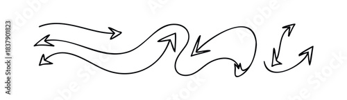 Collection of hand drawn arrows in various wavy and curved directions, useful for emphasizing movement, direction, or flow in graphic projects.