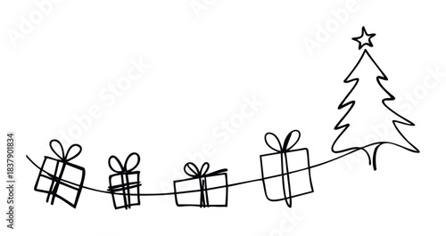 Hand drawn continuous line gift boxes connected by a ribbon leading to a Christmas tree with a star, perfect for holiday greeting cards and festive celebrations