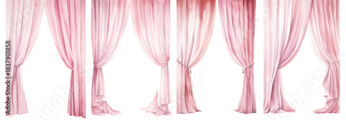 Pink theater curtains in watercolor style. Open stage curtains with silk texture, luxurious velvet backdrop for performance, concert hall decoration, classic movie scene element.