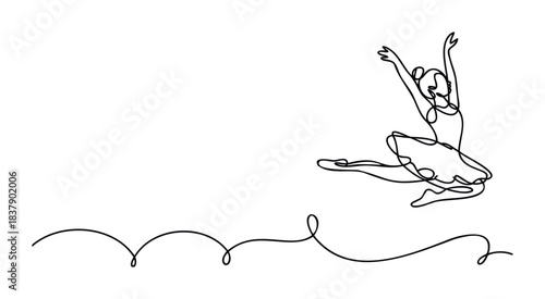 Dynamic continuous line drawing of a ballerina mid leap, conveying grace and movement for performance or celebration themes.