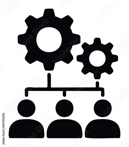 Organizational structure icon with gears and people symbolizing teamwork and process management for business strategy and workflow planning presentations.