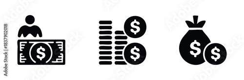 Set of black icons symbolizing finance, money, payment and wealth for business applications and financial services promotion