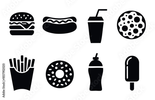 Collection of popular fast food and drink icons for menus, advertising, and digital platforms representing quick meal options and snacks.