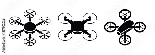 Collection of drone icons in different configurations featuring propellers and bodies for aerial technology representation in various applications and projects