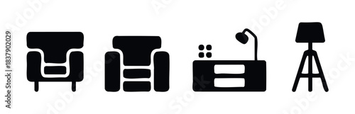 Collection of modern furniture icons including armchairs, a desk with a lamp, and a floor lamp for home and office decoration projects.