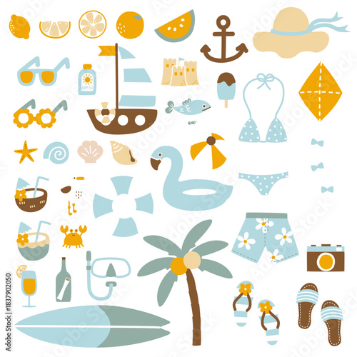 collection set of summer beach icons tropical vacation  ornaments decoration element, flat vector illustration cartoon character costume design