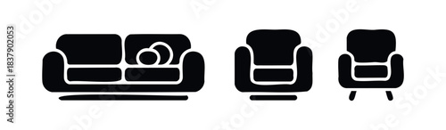 Collection of black icons representing a sofa and armchairs for furniture or interior design concepts, perfect for web or application use.