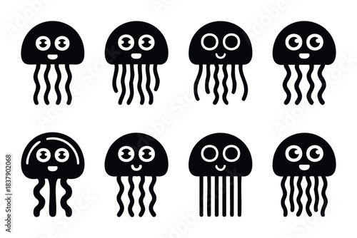 Set of cute black jellyfish icons with happy faces and flowing tentacles for ocean life and marine themes, perfect for various applications.