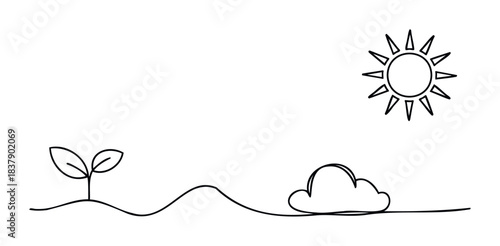 Simple black and white line drawing of a seedling growing in the soil under the sun and a cloud representing a growth cycle for nature and environment concepts