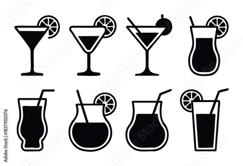 Collection of modern black and white cocktail glasses with garnishes like lemon slices and olives perfect for beverage menus and summer party promotions
