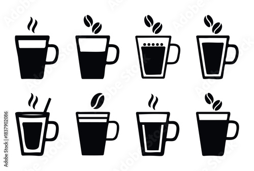 Collection of coffee cup icons featuring steam and beans, perfect for menus, cafe branding, and beveragerelated applications and website use