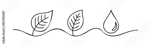 Minimalist outline of plant growth from seedling to water droplet, representing nature and life, perfect for environmental awareness campaigns and organic product branding.