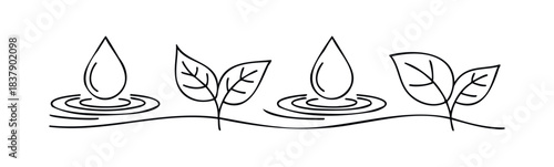 Minimalist line drawings show water drops and leaves, representing nature, purity, and growth for environmental or health related projects.