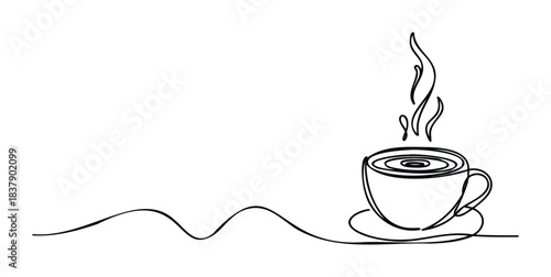 Simple black line art of a steaming coffee cup on a saucer, perfect for cafe menus, beverage branding, or morning routine themes.