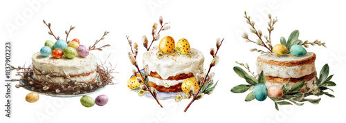 Easter watercolor set featuring festive cake, willow branches, cream bows, and colorful eggs. Spring dessert collection with sweet vintage charm and holiday pastries.