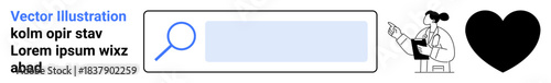 Online search, website navigation, data retrieval, web design, user interface concept, internet function. Search bar with magnifying glass, heart icon and individual pointing at a screen. Online
