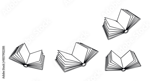 Collection of stylized open books in various orientations suggesting knowledge, reading, and learning, perfect for educational or literary themes.