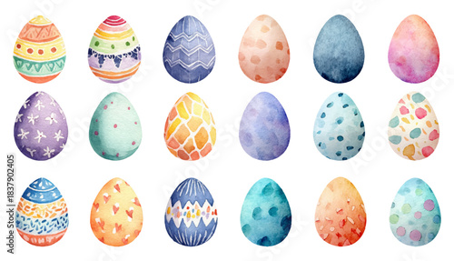 Watercolor Easter Eggs Collection. Elements are hand-drawn in spring for Easter. Set of cute holiday illustrations perfect for greeting cards and holiday designs.