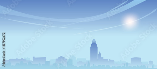 Blue panoramic poster of the city skyline with misty background buildings and clouds of CINCINNATI, UNITED STATES