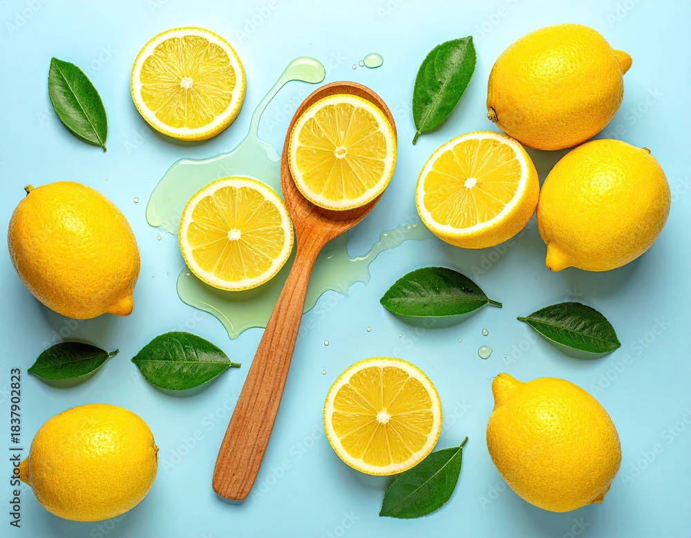 Fototapeta premium Yellow lemons, halves, wooden spoon, green leaves on blue