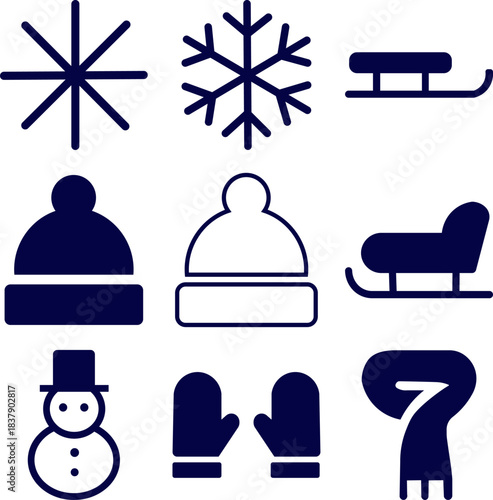 Set of winter season icons snowflakes, sled, hat, mittens, snowman, scarf
