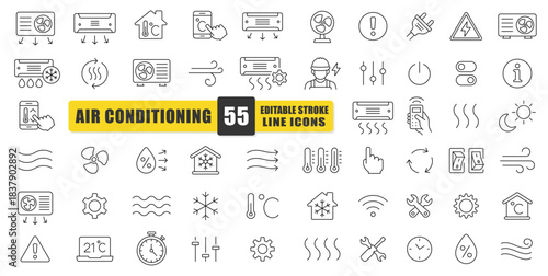 Air Conditioning Line Icon Set. 55 Clear, Modern Symbols For Cooling, Heating, Ventilation, Temperature Control, And Smart Home Functions. Ideal For HVAC Guides, Mobile Apps. Isolated Vector Icons.