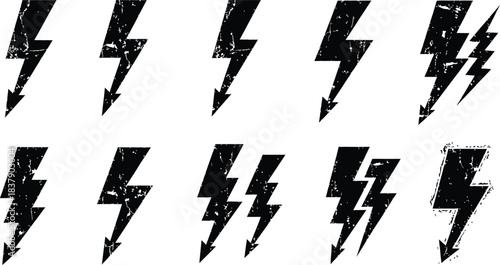 Set of black and white lightning bolt icons, various electric power and energy flash symbols, minimalist thunder shapes collection for electricity, weather, or technology design elements.