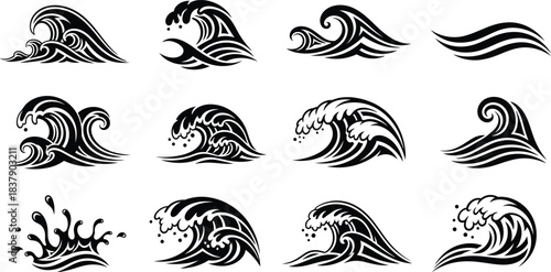 Various black and white vector designs of ocean waves provide dynamic elements for creative projects and artistic expressions, silhouette