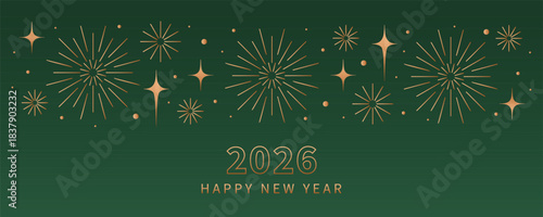Happy New Year 2026 beautiful design of gold numbers, fireworks and stars on green background. Winter holiday greeting banner for greetings, ads, sale.