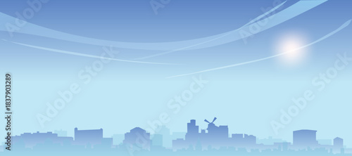 Blue panoramic poster of the city skyline with misty background buildings and clouds of PARIS, FRANCE