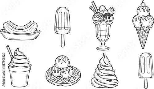 Collection of various ice cream desserts and treats in a stylized silhouette outline