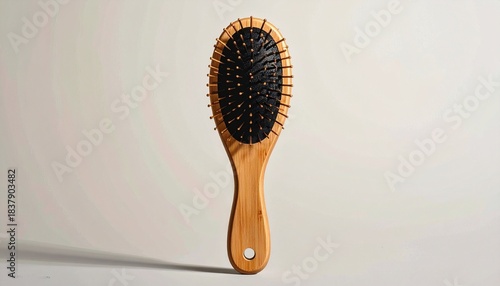 A wooden hairbrush with a light-colored handle and black cushioned base sits on a textured beige surface, showcasing its plastic bristles and simple, functional design in a clean grooming setup.