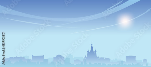 Blue panoramic poster of the city skyline with misty background buildings and clouds of MOSCOW, RUSSIA