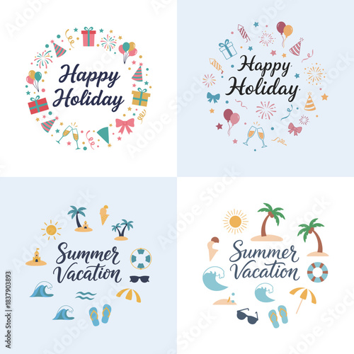Happy Holiday and Summer Vacation Seasonal Concepts with Decorative Vector Icons Arranged in a Circular Wreath and Modern Typography Set