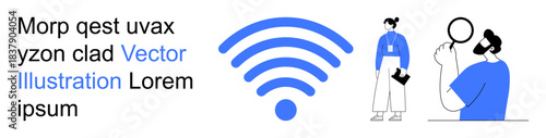 Wireless communication, internet access, data analysis, digital networking, technology usage, connectivity. Large wireless icon with two individuals studying digital tools. Wireless communication