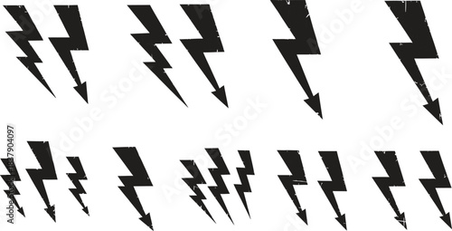 Set of black and white lightning bolt icons, various electric power and energy flash symbols, minimalist thunder shapes collection for electricity, weather, or technology design elements.