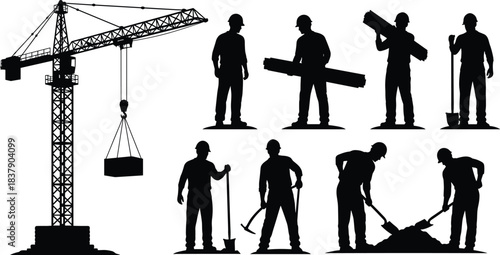 Construction site silhouette with tower crane and workers carrying beams, digging, shoveling, teamwork, industrial labor, safety helmets, vector illustration, black icons