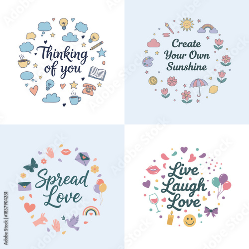 Positive and Emotional Concepts like Love, Friendship, and Creativity with Cute Hand-Drawn Icons in a Decorative Circular Wreath Set