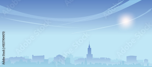 Blue panoramic poster of the city skyline with misty background buildings and clouds of WARSAW, POLAND