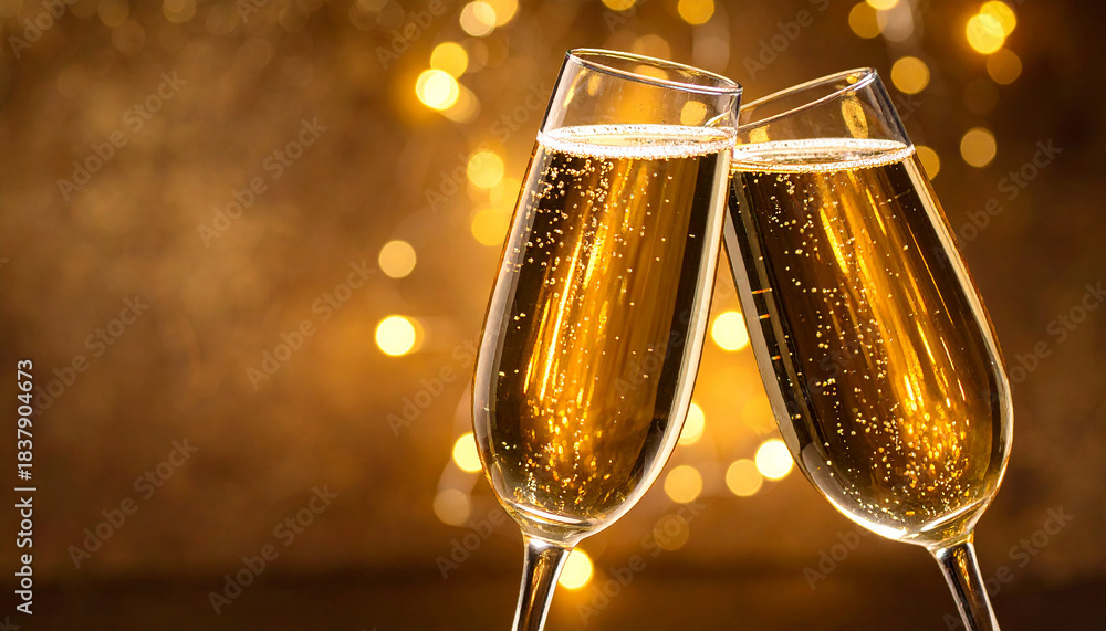 Fototapeta premium Dos copas de champán en brindis con fondo cálido y luces bokeh doradas para plantilla y publicidad de celebración, lujo festivo y escena navideña de fin de año con espacio para texto