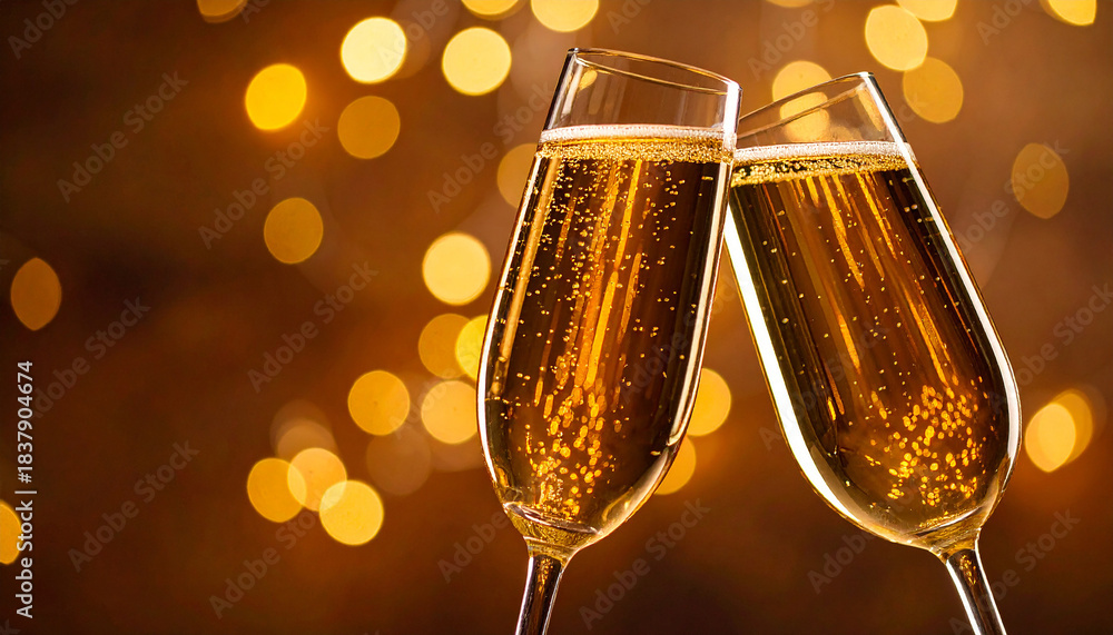 Fototapeta premium Dos copas de champán en brindis con fondo cálido y luces bokeh doradas para plantilla y publicidad de celebración, lujo festivo y escena navideña de fin de año con espacio para texto