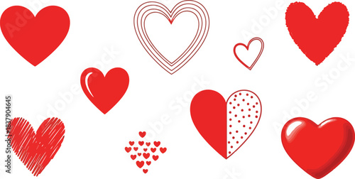 Doodle hearts sketch set. Various different hand drawn heart icon love collection isolated on white background. Red heart symbol for Valentines Day.