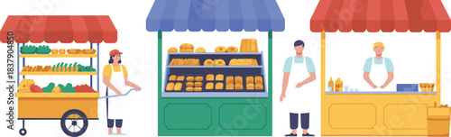 Colorful market stalls with vendors selling vegetables, bread and drinks illustrated in modern flat vector style for marketplace themes