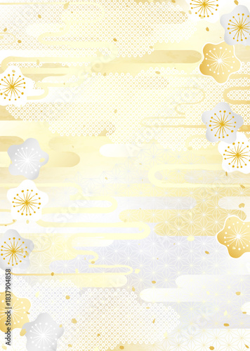 金銀の梅の花と日本のいろいろな伝統模様を組み合わせた華やかな背景イラスト