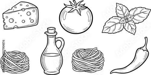 Seamless Italian food pattern with hand drawn pasta, and ravioli illustration. Perfect outline background for menu, packaging, textile, and wallpaper. 