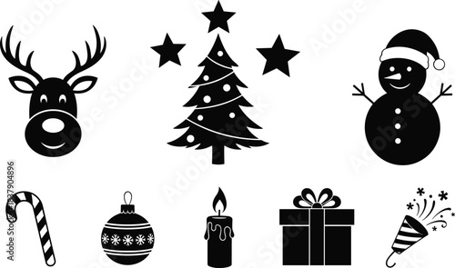 Festive Christmas holiday silhouette icons featuring decorated tree, reindeer head, snowman in Santa hat, candy cane, ornament, candle, gift, party popper